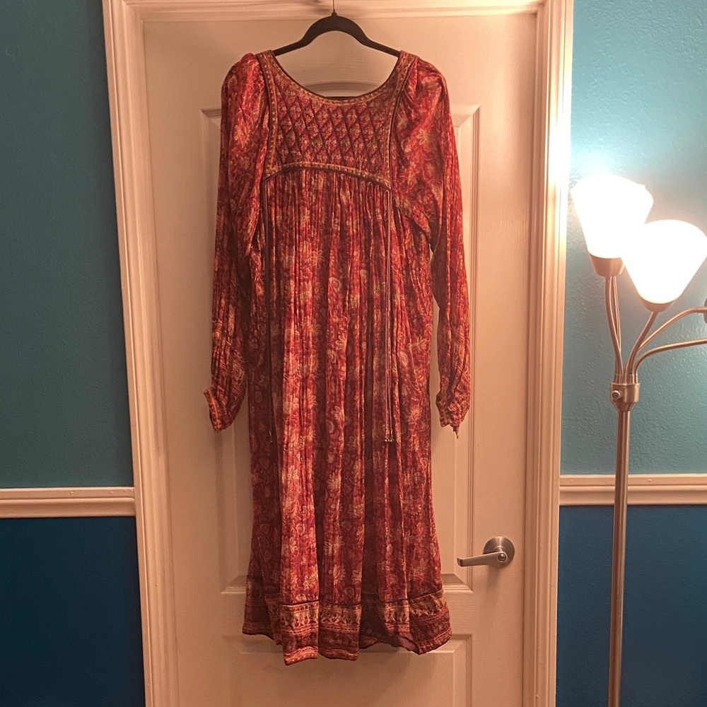 Elegant Long Sleeve Red Patterned Gauze Dress